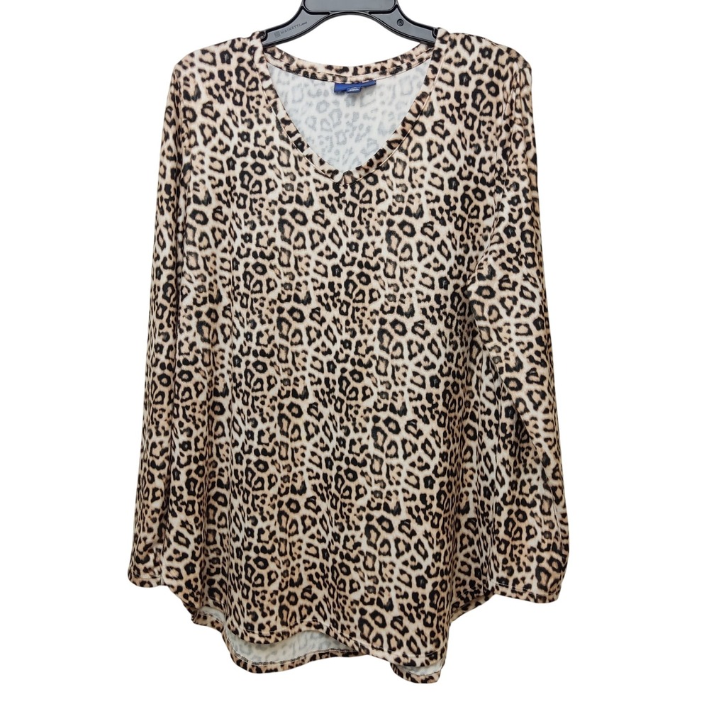Apt. 9 Top Womens XXL Brown Leopard Print V-Neck Long Sleeve Curved‎ Hem Shirt